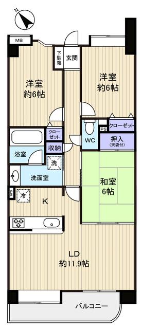 Floor plan. 3LDK, Price 11.9 million yen, Occupied area 72.58 sq m , Balcony area 8.65 sq m All rooms 6 quires more, Easy-to-use 3LDK