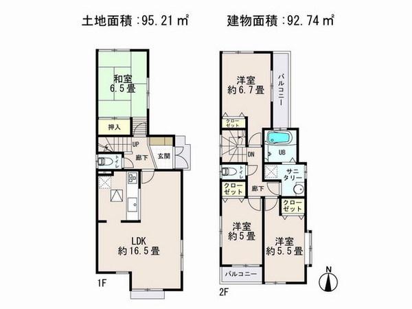 Floor plan. (1 Building), Price 21,800,000 yen, 4LDK, Land area 95.21 sq m , Building area 92.74 sq m