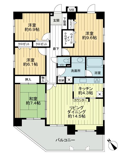 Floor plan. 4LDK, Price 49,800,000 yen, Footprint 110.86 sq m , There is a balcony area 21.89 sq m square in the window, The top floor one floor type of special dwelling unit! Sunshine ・ ventilation ・ Daylighting good!