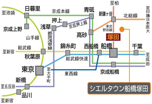 Access view.  ※ Tobu Noda Line "Tsukada" 2 station 4 minutes from the station to the "bridge" station. "Tokyo" is a 25-minute Sobu Line rapid use than Funabashi to the station