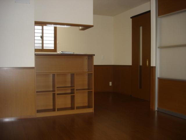 Living and room. Stylish shelf on the back of the counter