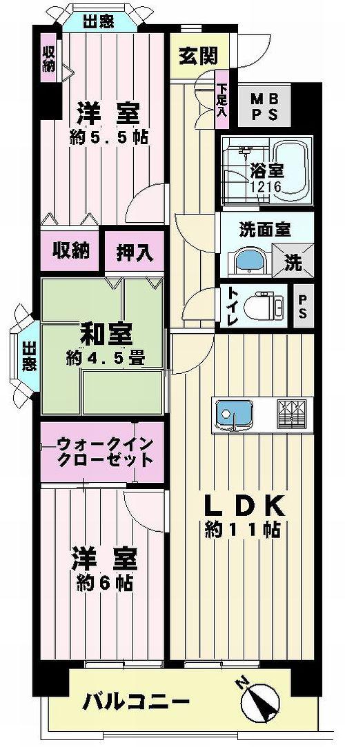 Floor plan. 3LDK, Price 18,800,000 yen, Occupied area 67.09 sq m , Balcony area 7.38 sq m