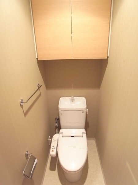 Toilet. Bidet and storage rack is attached