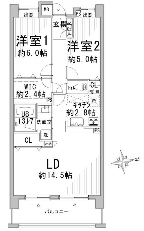 Floor plan. 2LDK, Price 29,700,000 yen, Occupied area 66.41 sq m , Balcony area 10.1 sq m