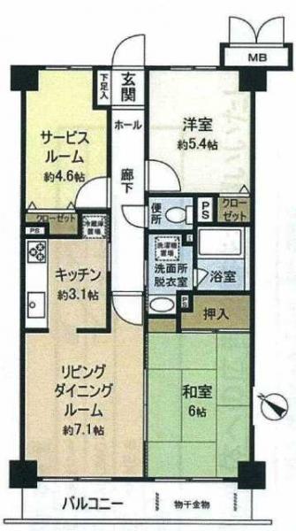Floor plan. 2LDK+S, Price 11.8 million yen, Occupied area 59.16 sq m , Balcony area 6.96 sq m