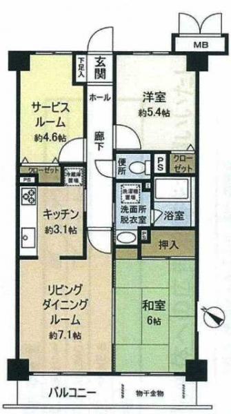 Floor plan. 2LDK+S, Price 11.8 million yen, Occupied area 59.16 sq m , Balcony area 6.96 sq m