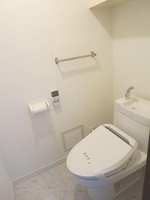 Toilet. Toilet with a bidet. Cleaning equipment and toilet paper is put on.