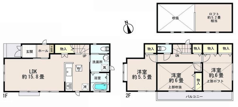 Floor plan. 38,800,000 yen, 3LDK, Land area 104.25 sq m , Building area 82.6 sq m Zenshitsuminami direction, The second floor is the spacious atrium & 3LDK floor plan with a loft