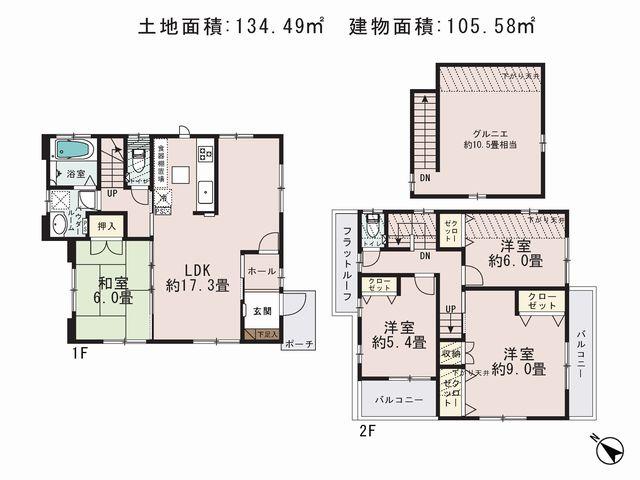 Floor plan. (1 Building), Price 27.5 million yen, 4LDK, Land area 134.49 sq m , Building area 105.58 sq m