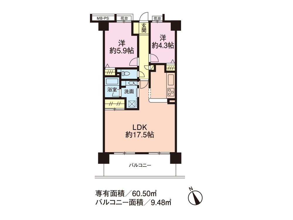 Floor plan. 2LDK, Price 18,800,000 yen, Footprint 60.5 sq m , Balcony area 9.48 sq m floor plan