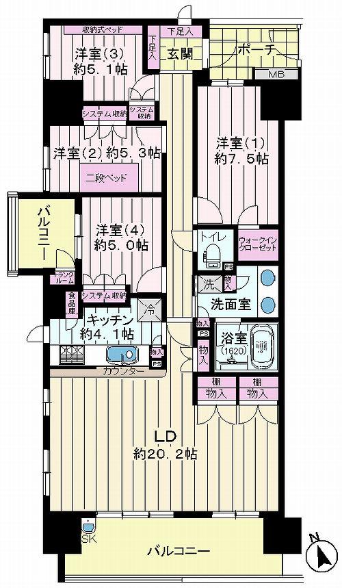 Floor plan. 4LDK, Price 49 million yen, Footprint 107.84 sq m , Balcony area 5.87 sq m