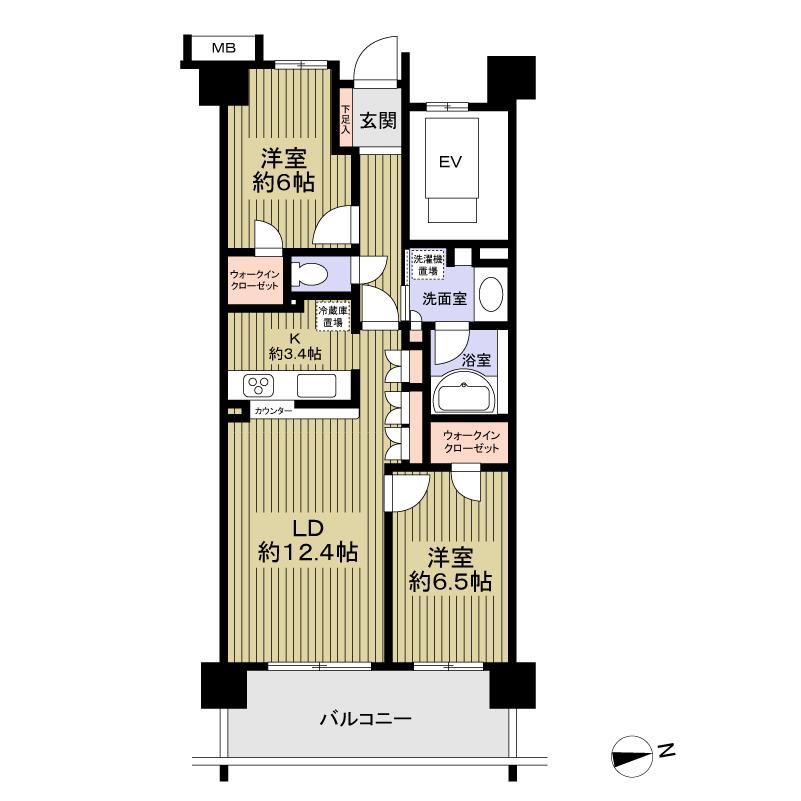 Floor plan. 2LDK, Price 22,900,000 yen, Footprint 65.4 sq m , Balcony area 11.8 sq m