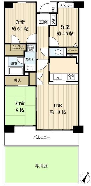 Floor plan. 3LDK, Price 14.9 million yen, Occupied area 67.15 sq m , Balcony area 8.1 sq m This spacious dwelling unit with a private garden that was