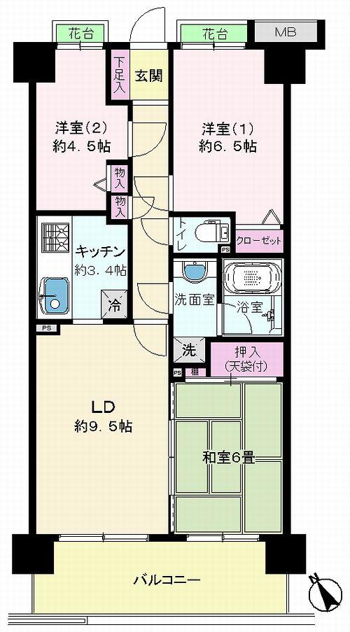 Floor plan. 3LDK, Price 16.5 million yen, Occupied area 65.54 sq m , Balcony area 11.02 sq m