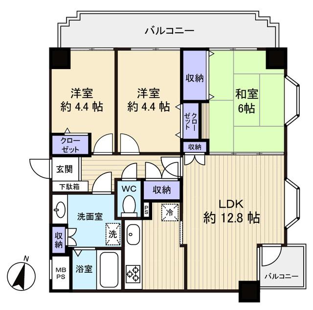 Floor plan. 3LDK, Price 8.8 million yen, Occupied area 66.12 sq m , Balcony area 13.12 sq m storage rich floor plan