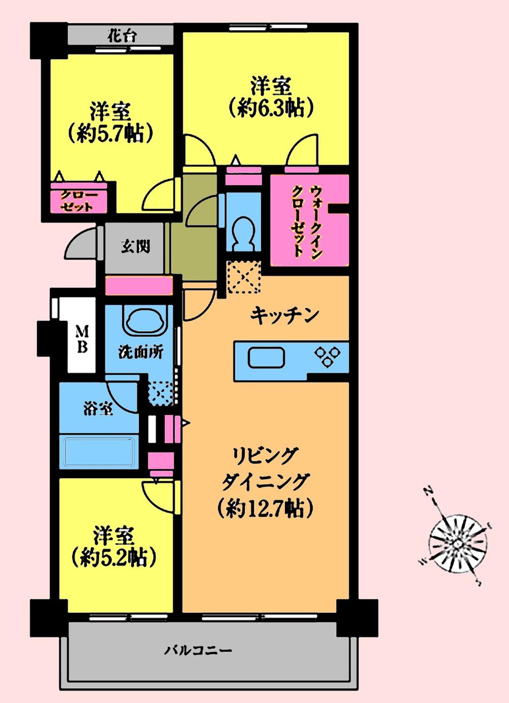 Floor plan. 3LDK, Price 35,800,000 yen, Occupied area 73.93 sq m , Balcony area 9.78 sq m