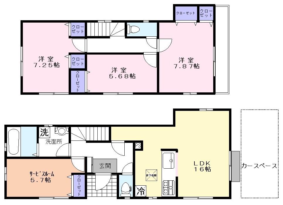 Floor plan. 38,900,000 yen, 4LDK, Land area 98.61 sq m , Spacious living room of the building area 99.36 sq m whole family in welcoming 16 Pledge