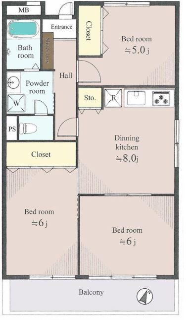 Floor plan. 3DK, Price 12.8 million yen, Occupied area 54.61 sq m , Balcony area 4.86 sq m
