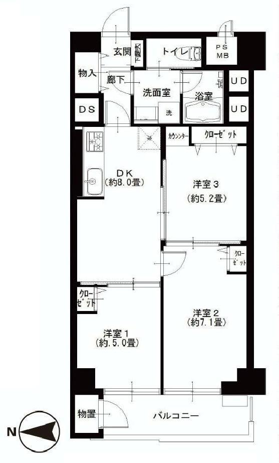 Floor plan. 3DK, Price 16,900,000 yen, Occupied area 60.64 sq m , Balcony area 6.42 sq m