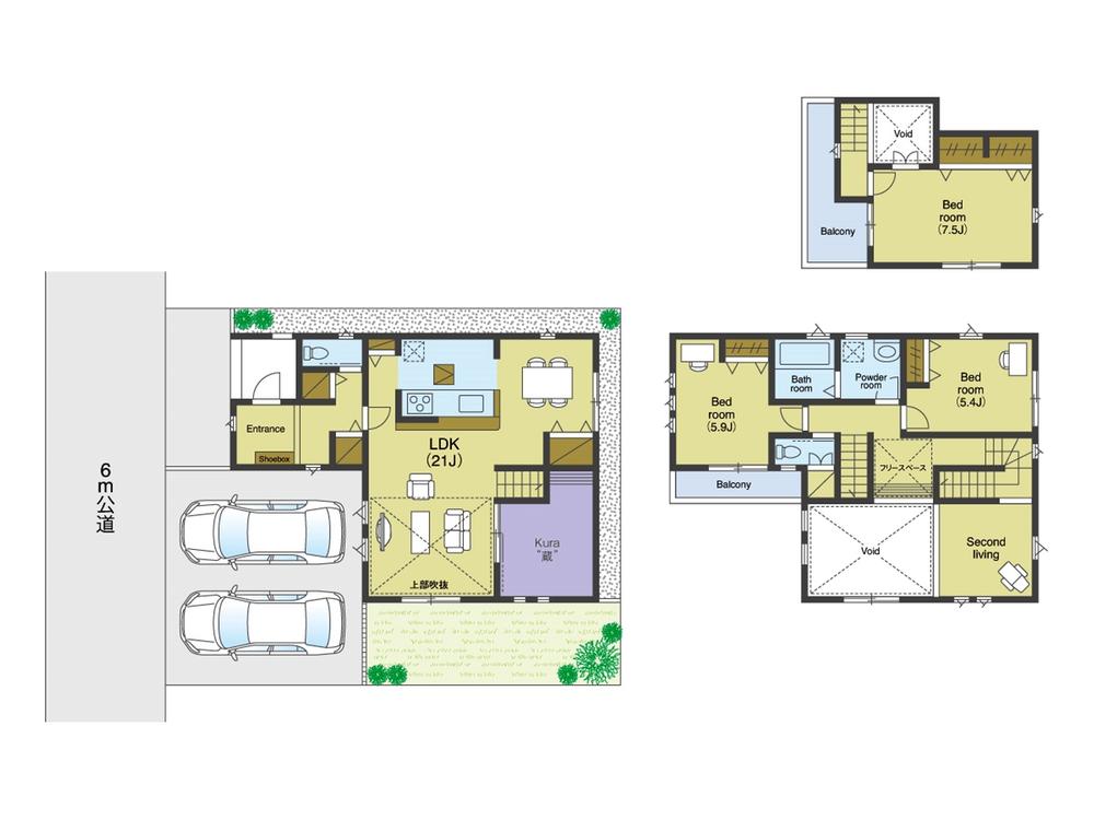 Floor plan. 61,800,000 yen, 4LDK + S (storeroom), Land area 135.03 sq m , Two building area 110.96 sq m car space Allowed !! To skip the floor of the second living room that leads from the Pledge LDK21 by the production of the top blow you living in the large space is ready.