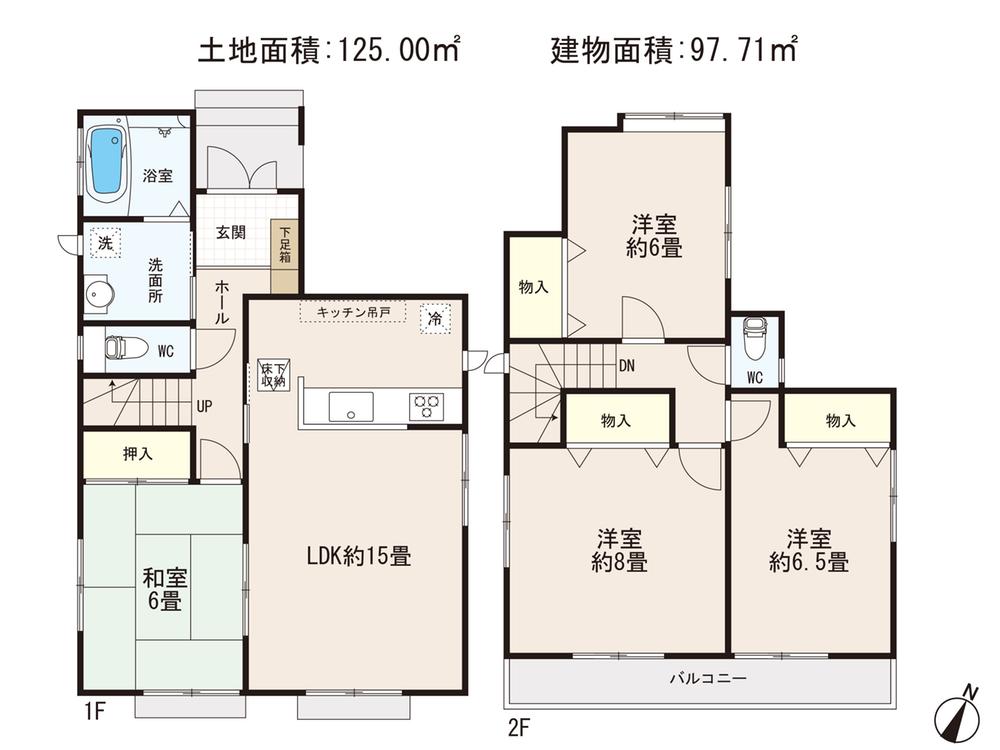 Floor plan. (1 Building), Price 34,800,000 yen, 4LDK, Land area 125 sq m , Building area 97.71 sq m