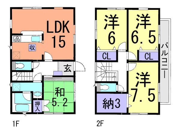 Floor plan. (Building 2), Price 34,800,000 yen, 4LDK+S, Land area 136.53 sq m , Building area 96.39 sq m