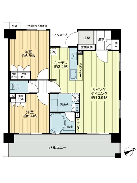 Floor plan. 2LDK, Price 27 million yen, Footprint 65.4 sq m , With windows on the balcony area 15.3 sq m bathroom! Of all living room flooring, Relaxed some 2LDK plan!