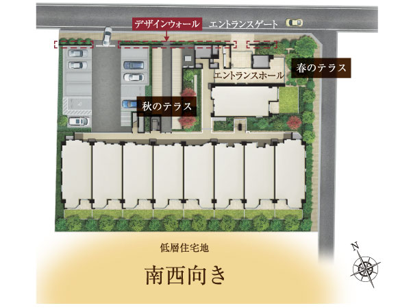 Features of the building.  [Corner location blessed of the two-way road. Dwelling unit located in the south-west-facing center] Daylighting ・ Corner location that ventilation was blessed with easy to obtain. Southwestward center ( ※ 1), High distribution building plan of the corner dwelling unit ratio ( ※ 2) and, It has a light and wind were considered so inviting enough. By distribution building apart further the residential building from the road, Grant the calm life. ( ※ 1): 49 units of the total 57 units, ( ※ 2): 18 units out of the total 57 units (site layout Rendering)