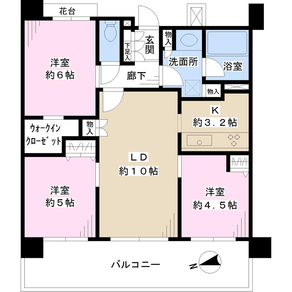 Floor plan. 3LDK, Price 24,800,000 yen, Occupied area 63.52 sq m , Balcony area 14.76 sq m