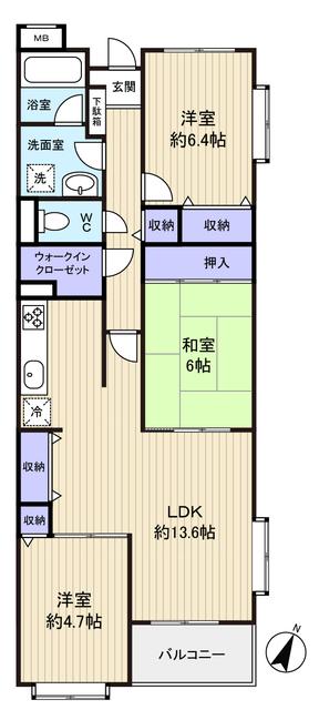 Floor plan. 3LDK, Price 13,980,000 yen, Occupied area 75.59 sq m , Bright LD space balcony area 4.25 sq m 2 surface lighting