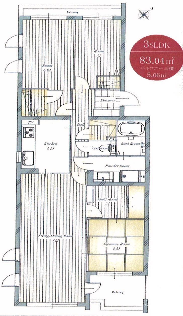 Floor plan. 3LDK + S (storeroom), Price 21,800,000 yen, Occupied area 83.04 sq m , Balcony area 5.06 sq m