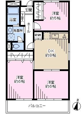 Floor plan. 3DK, Price 12.8 million yen, Occupied area 54.61 sq m , Balcony area 4.86 sq m