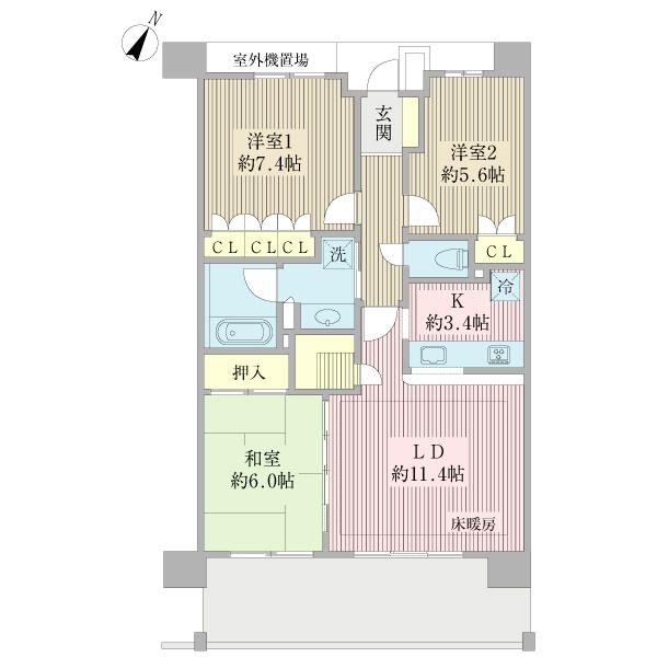 Floor plan. 3LDK, Price 21 million yen, Footprint 74 sq m , Balcony area 14 sq m