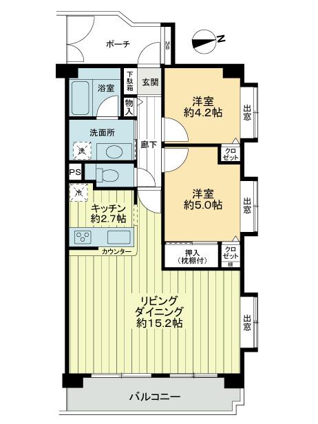 Floor plan. 2LDK, Price 14.8 million yen, Occupied area 60.32 sq m , Balcony area 6.87 sq m All rooms are Western-style! Spacious 2LDK of living. Thanks to the bay window, Brightness ・ Breadth feeling up of!