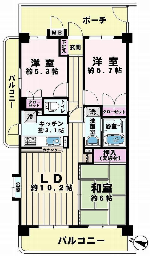 Floor plan. 3LDK, Price 13.8 million yen, Footprint 64.5 sq m , Balcony area 13.81 sq m