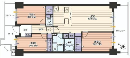 Floor plan. 3LDK, Price 29,800,000 yen, Occupied area 73.86 sq m , Balcony area 15.85 sq m
