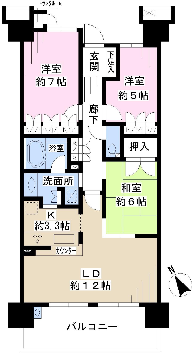 Floor plan. 3LDK, Price 28,900,000 yen, Occupied area 75.46 sq m , Excellent is the room of 3LDK on the balcony area 12.4 sq m housework flow line.