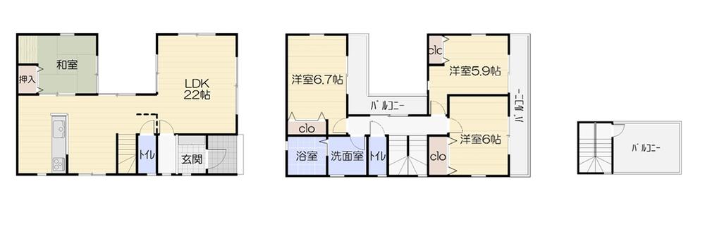 Floor plan. 34,800,000 yen, 4LDK + S (storeroom), Land area 122.87 sq m , Building area 108.47 sq m LDK about 22 Pledge! ・ Japanese-style room of Tsuzukiai. The inner balcony that leads Additional space production is !!