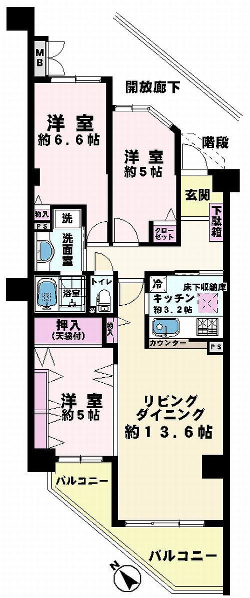 Floor plan. 3LDK, Price 9.99 million yen, Occupied area 74.69 sq m , Balcony area 8.82 sq m