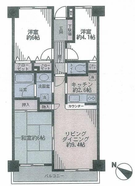 Floor plan. 3LDK, Price 10.8 million yen, Occupied area 60.58 sq m , Balcony area 6.08 sq m
