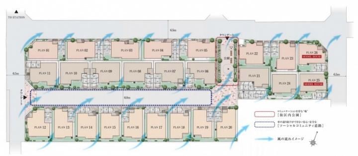 The entire compartment Figure. "In order to Komu takes a cool breeze in the summer. "Porras living science comfortable design with ventilation calculation that takes into account the wind of the area by the Institute. All 26 House of city blocks.