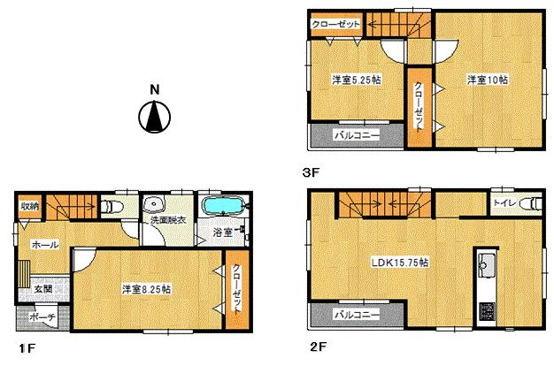 Floor plan. (3 Building), Price 33,800,000 yen, 3LDK, Land area 78.01 sq m , Building area 98.11 sq m