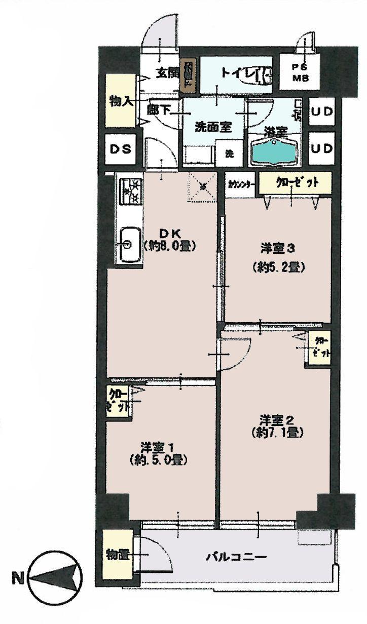 Floor plan. 3DK, Price 16,900,000 yen, Occupied area 60.64 sq m , Balcony area 6.42 sq m