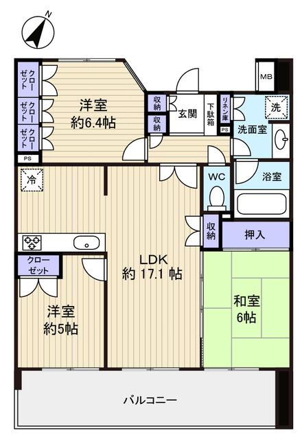Floor plan. 3LDK, Price 23,900,000 yen, Occupied area 75.37 sq m , Balcony area 16.8 sq m south 3 rooms sunny