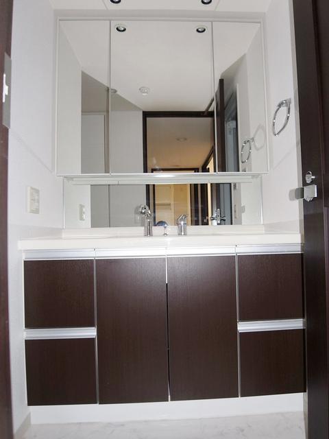 Wash basin, toilet. Vanity storage rich three-sided mirror type