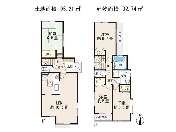 Floor plan. (1 Building), Price 21,800,000 yen, 4LDK, Land area 95.21 sq m , Building area 92.74 sq m