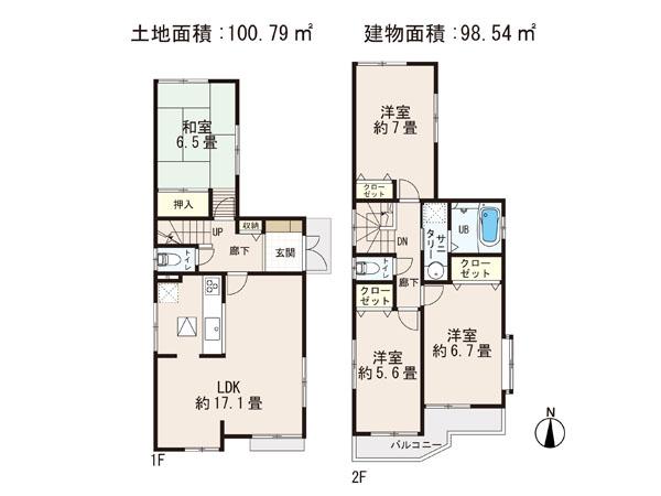 Floor plan. (Building 2), Price 22,800,000 yen, 4LDK, Land area 100.79 sq m , Building area 98.54 sq m