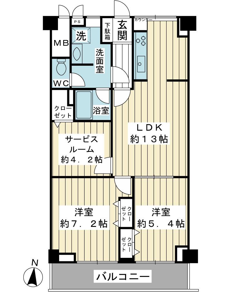 Floor plan. 2LDK + S (storeroom), Price 14.8 million yen, Occupied area 66.96 sq m , Balcony area 7.44 sq m in January 2006 interior renovated