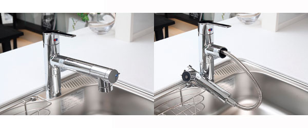 Kitchen.  [Water purifier integrated hand shower faucet] Sink even wash comfortably, Hand shower types that can be easier while also placed in the water put at the time to the pot and pot. Running cost does not take if you use as an ordinary faucet, remove the cartridge.