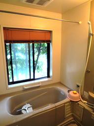 Bathroom. Green is visible from the window of the bathroom.